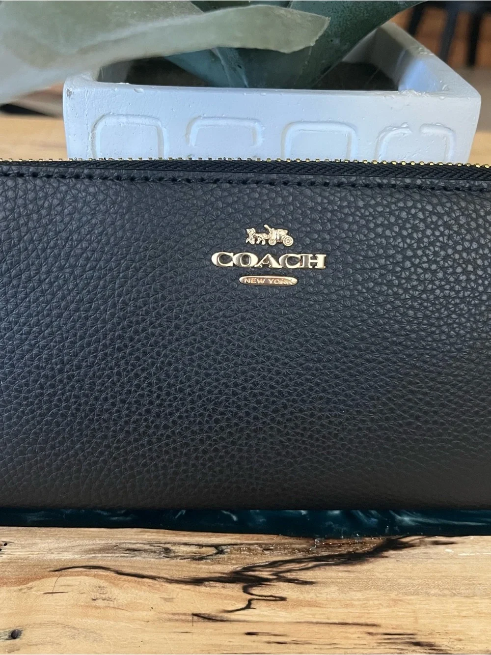 Coach Black Pebbled Leather 3/4 Zip around Wallet